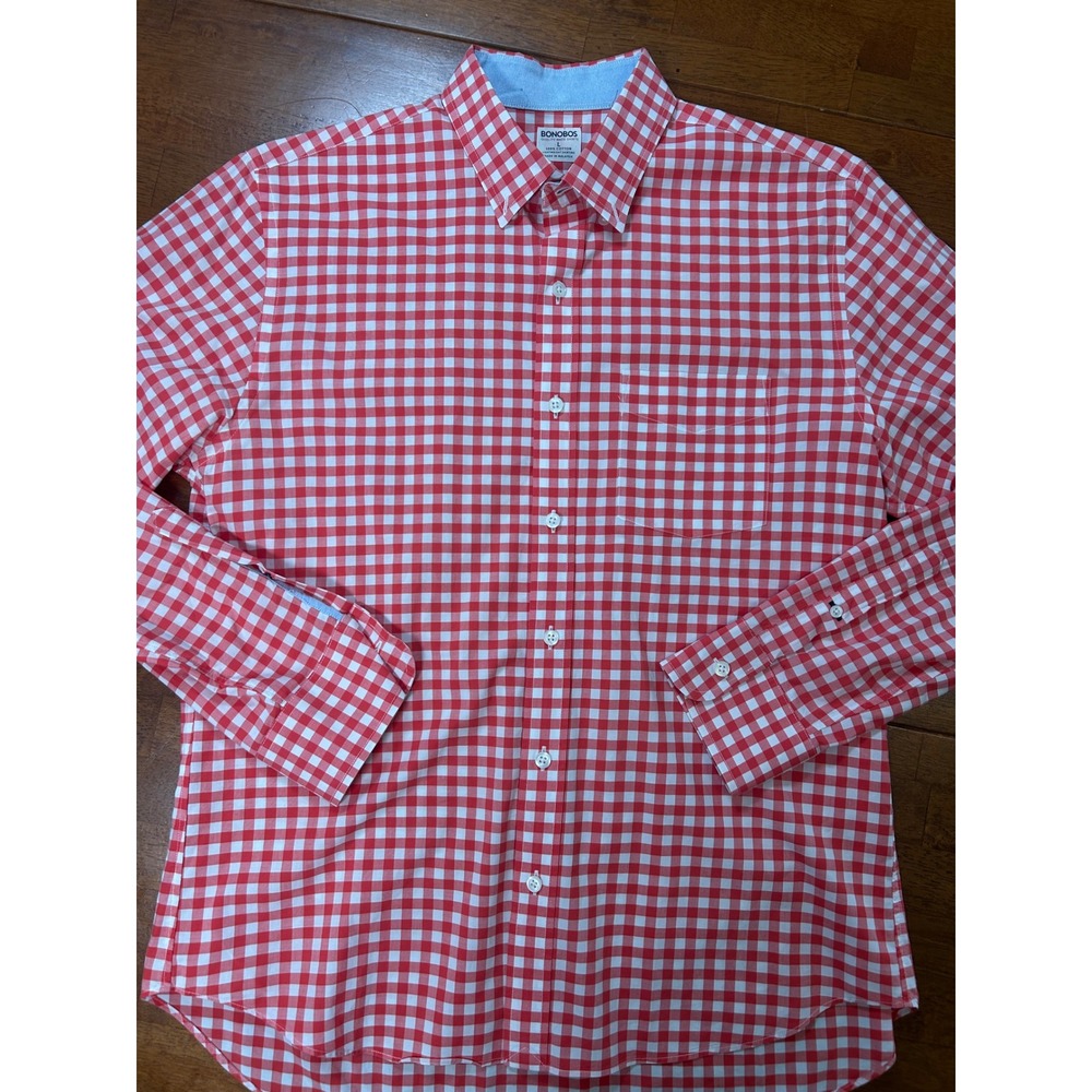 Bonobos Button Down Shirt Mens L Red Gingham Check Long Sleeve Lightweight